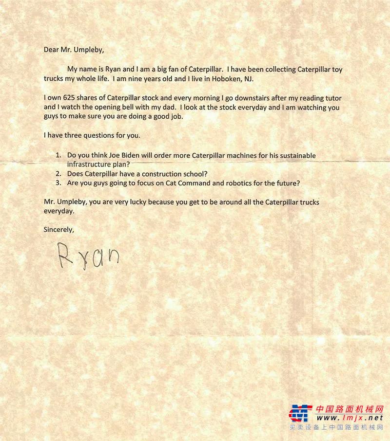 9歲小粉絲寫給卡特彼勒CEO的一封信