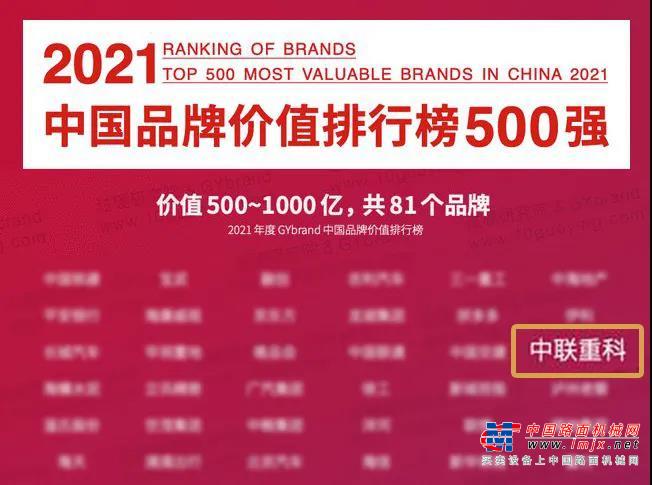 品牌榮譽｜865.75億！中聯重科連續18年榮登“中國500最具價值品牌”
