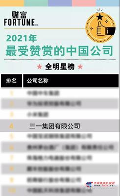 行业三连冠！三一再获“最受赞赏的中国公司”称号！