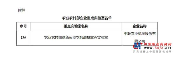 农业农村部公布企业重点实验室名单，中联重科农机上榜