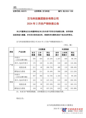 汉马科技2月产销稳步增长，持续提振市场信心