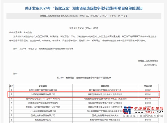 山河智能上榜2024年“智賦萬企”湖南省製造業數字化轉型標杆項目名單