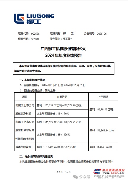 业绩预告，柳工2024年归母净利润预增45%～70%