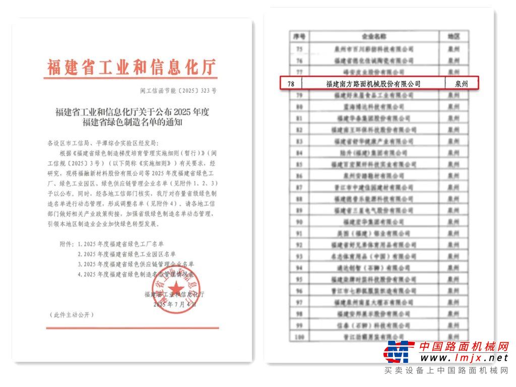 喜报！南方路机获评“2025年度福建省绿色工厂”