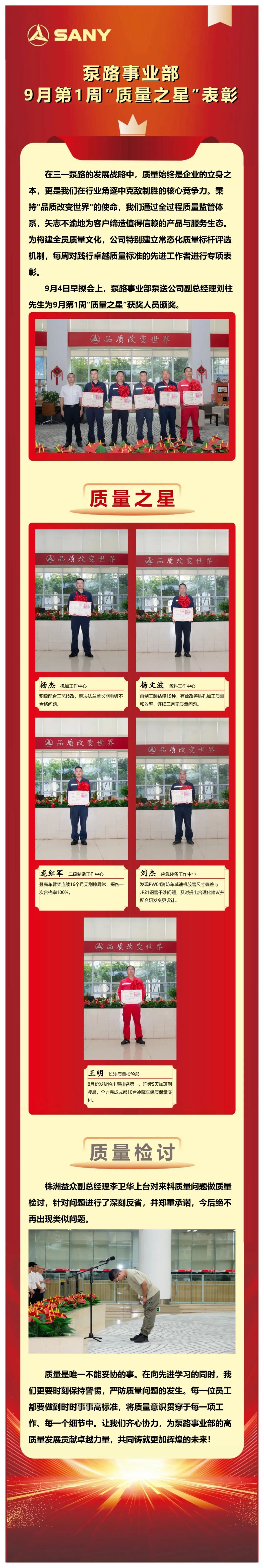 三一重工：泵路事业部9月第1周“质量之星”表彰
